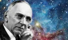 Edgar Cayce thoughtful with universe in background