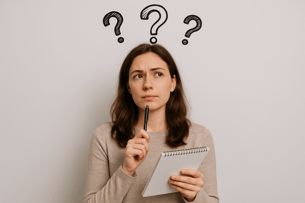Woman with notebook and pen thinking about Akashic Records reading questions