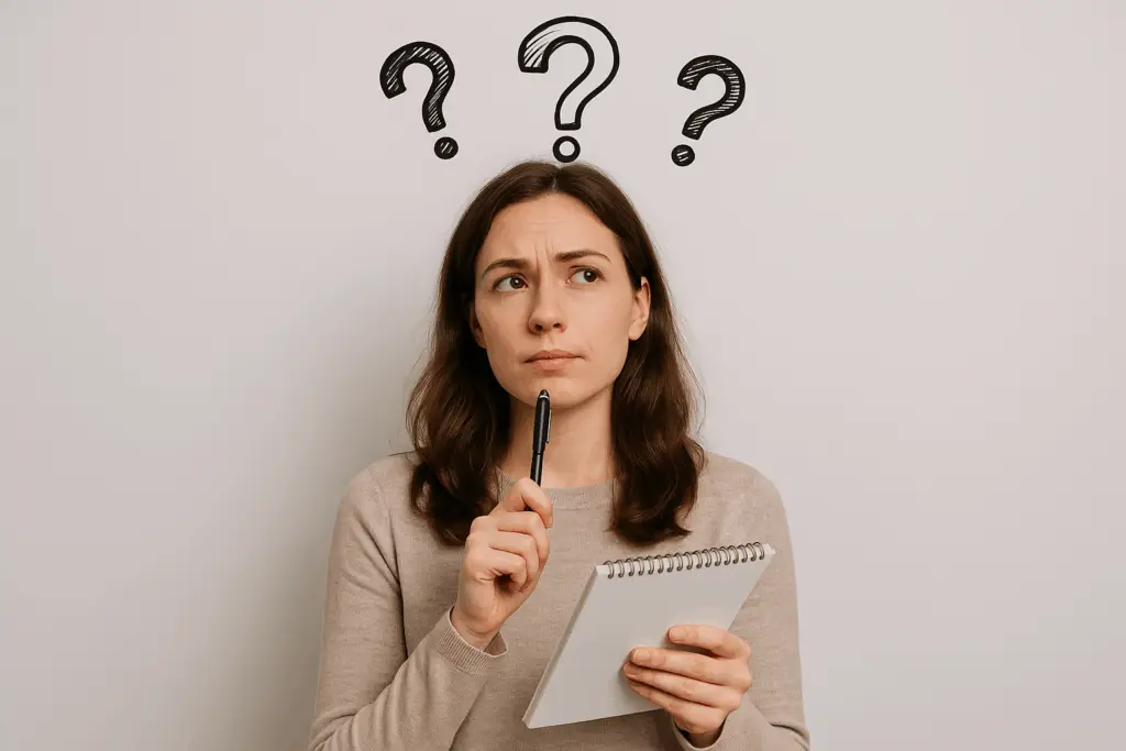 Woman with notebook and pen thinking about Akashic Records reading questions