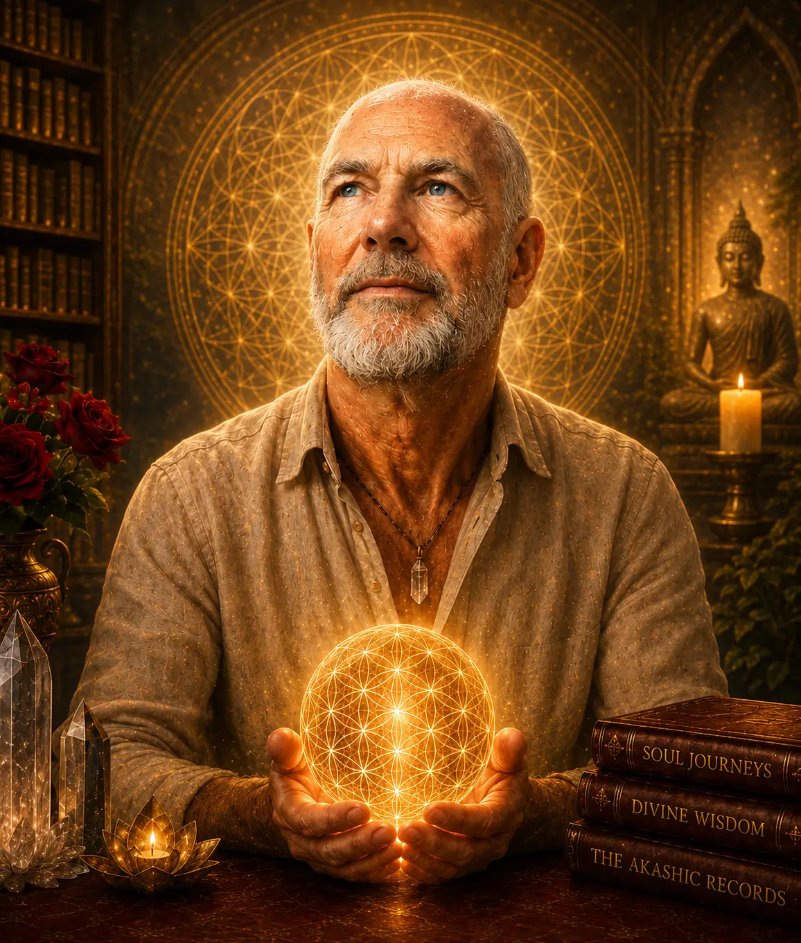 Neil in a symbolic library holding a glowing sphere representing wisdom, guidance and the Akashic Records.
